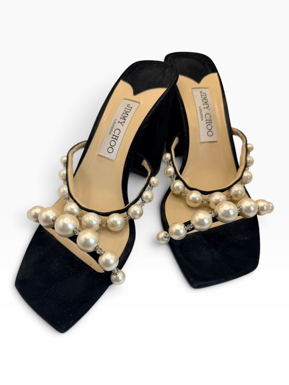 Jimmy Choo Amara 85 Pearl Sandals— Black Suede Mules with Ivory Pearl Trim